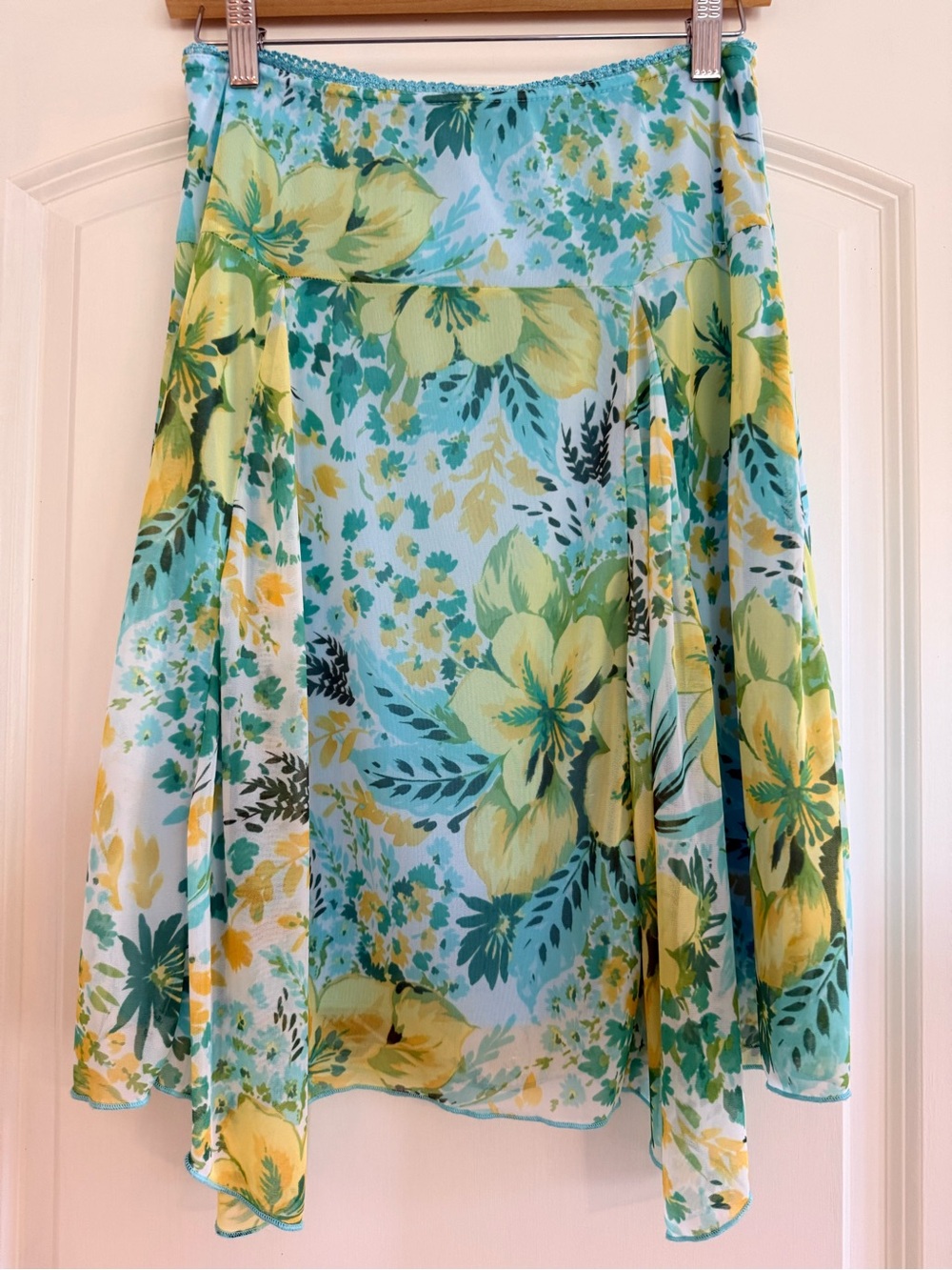 Paper Doll Floral Chiffon Handkerchief Hem Skirt Blue Green Yellow Y2K Boho